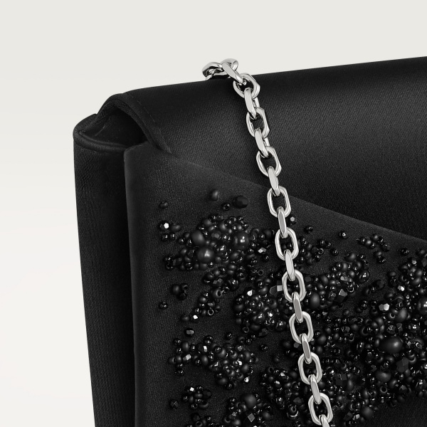 ポーチ パンテール グラフィック ブラックサテン、ブラックビーズ エンブロイダリー、パラジウムフィニッシュ