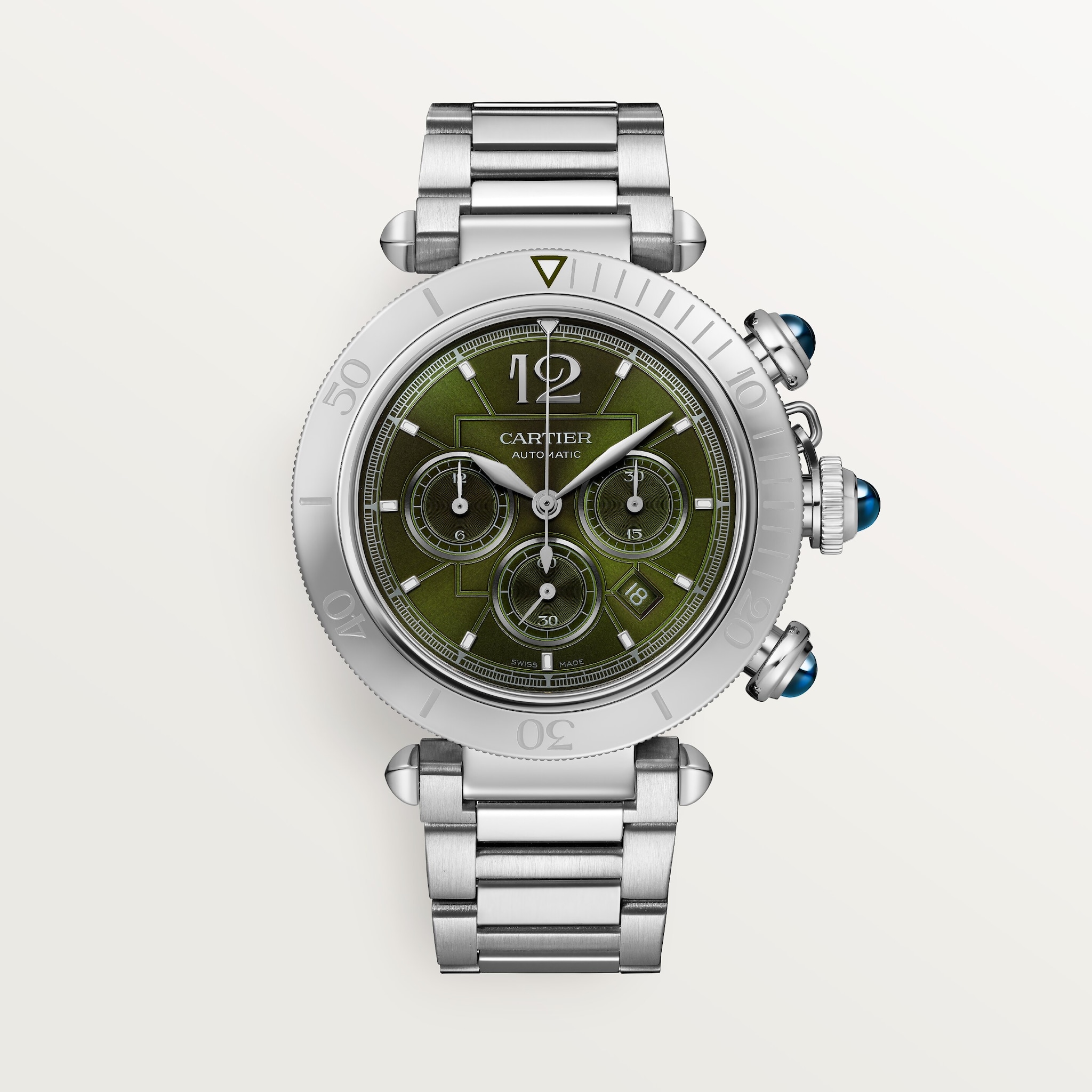 パシャ ドゥ カルティエ ウォッチ41mm、クロノグラフ、自動巻き、スティール、（交換可能）メタルとレザーのストラップ