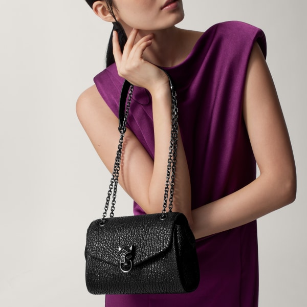 ミニ バッグ パンテール グラフィック  シャイニーブラック クリンクルエフェクト カーフスキン、ルテニウムフィニッシュ