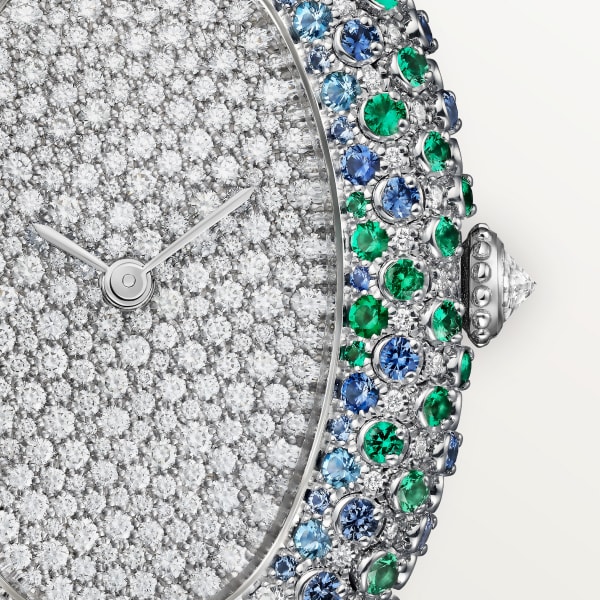 ベニュワール ウォッチ ミディアムモデル、クォーツムーブメント、ホワイトゴールド、サファイア、エメラルド、ダイヤモンド、レザー