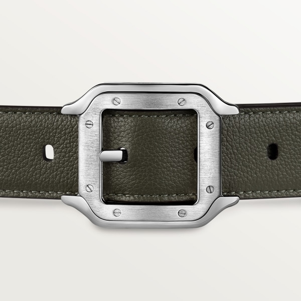 サントス ドゥ カルティエ ベルト ブラック＆グリーンティー グレインド カウハイド、パラジウムフィニッシュ バックル