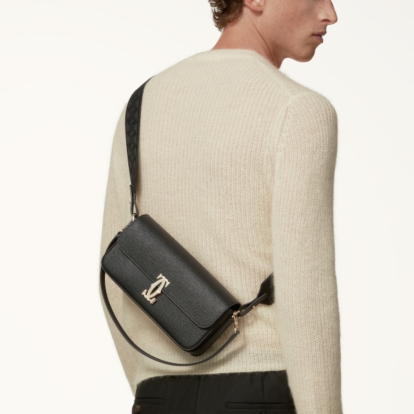 イーストウェストバッグ C ドゥ カルティエ  ブラック テクスチャー カーフスキン、刺繡入り、ゴールドフィニッシュ