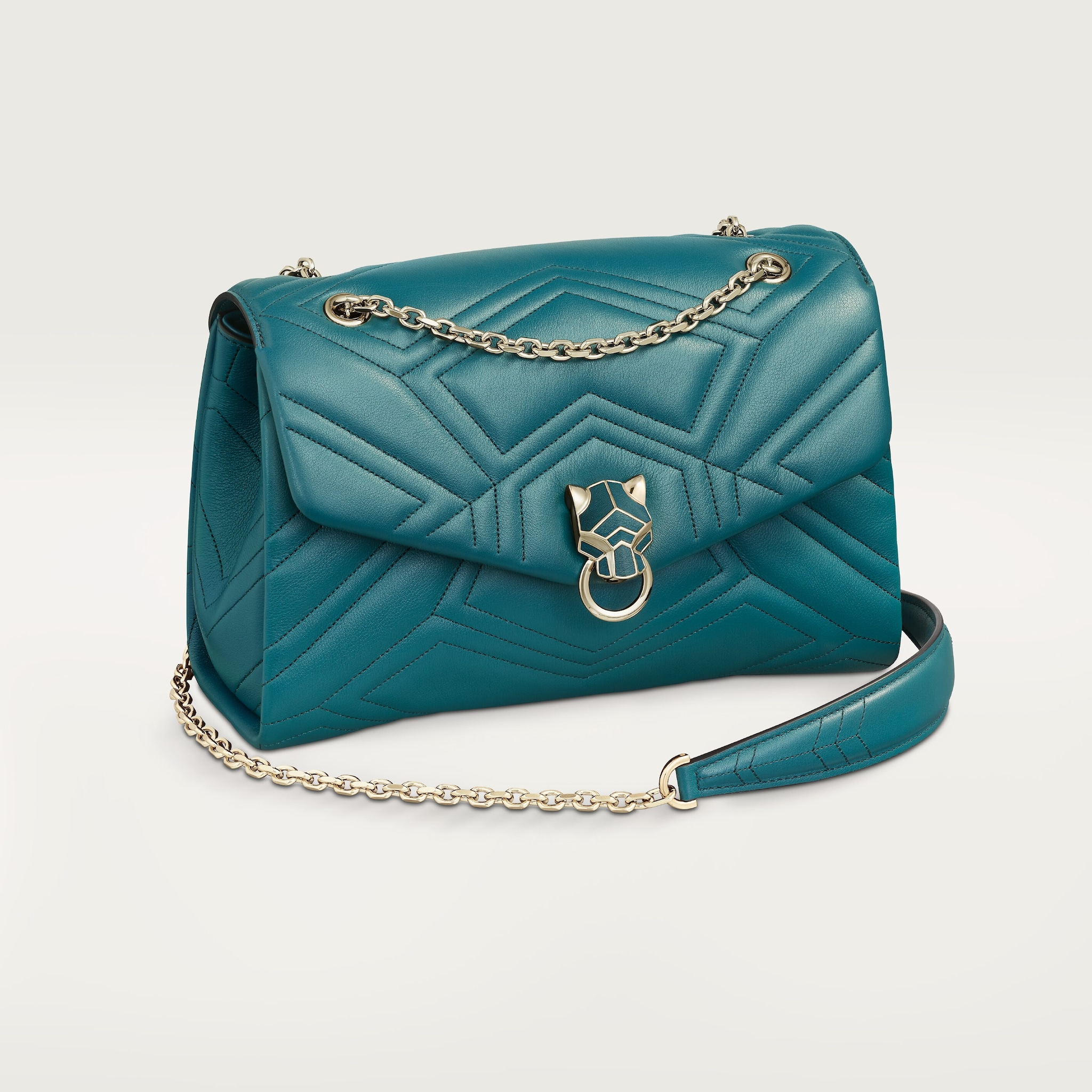 パンテール ドゥ カルティエ チェーンバッグ スモールペトロールブルー キルティング カーフスキン、ゴールドフィニッシュ