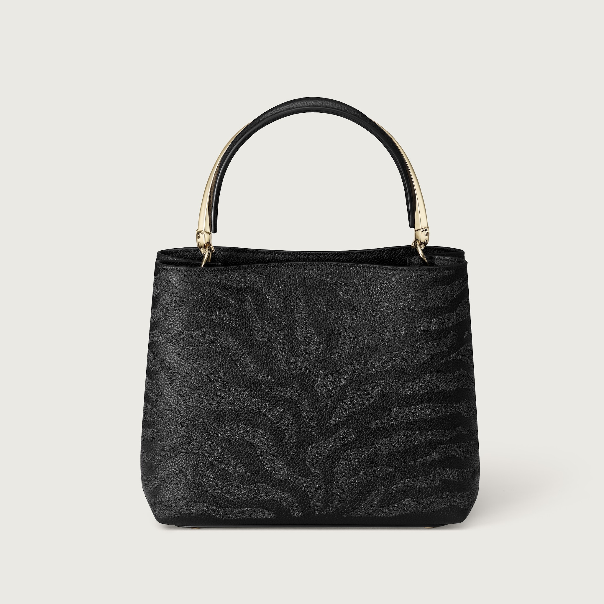 パンテール ドゥーブル スモール バッグ ウール エンブロイダリー、パンテール モチーフ、ブラック グレインド カーフレザー、ゴールドフィニッシュ