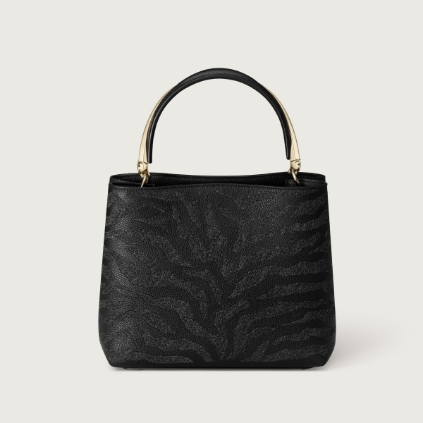 パンテール ドゥーブル スモール バッグ  ウール エンブロイダリー、パンテール モチーフ、ブラック グレインド カーフレザー、ゴールドフィニッシュ