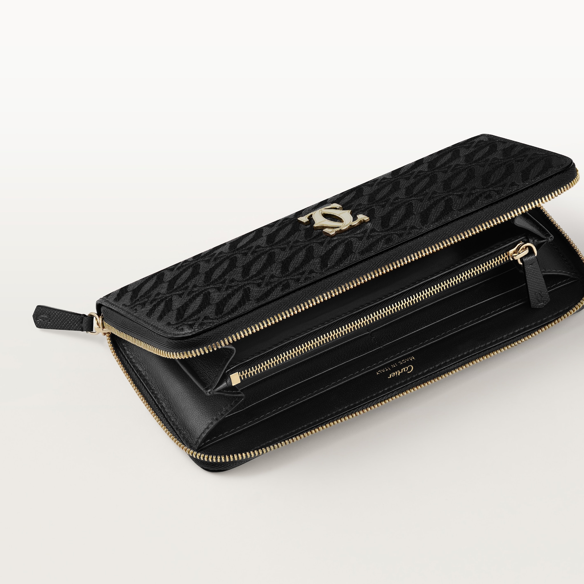 ウォレット C ドゥ カルティエ ブラック テクスチャー カーフスキン、刺繡入り、ゴールドフィニッシュ