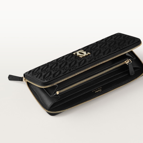 ウォレット C ドゥ カルティエ  ブラック テクスチャー カーフスキン、刺繡入り、ゴールドフィニッシュ