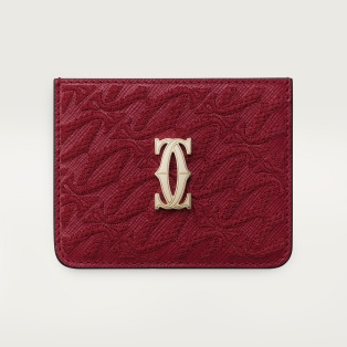 カード ホルダー C ドゥ カルティエ チェリーレッド テクスチャー カーフスキン、刺繡入り、ゴールドフィニッシュ