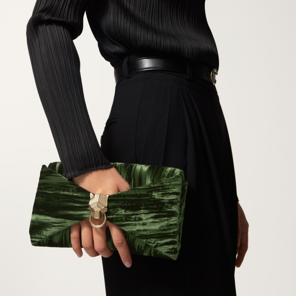 ポーチ パンテール グラフィック グリーン プリーツベルベット、ゴールドフィニッシュ