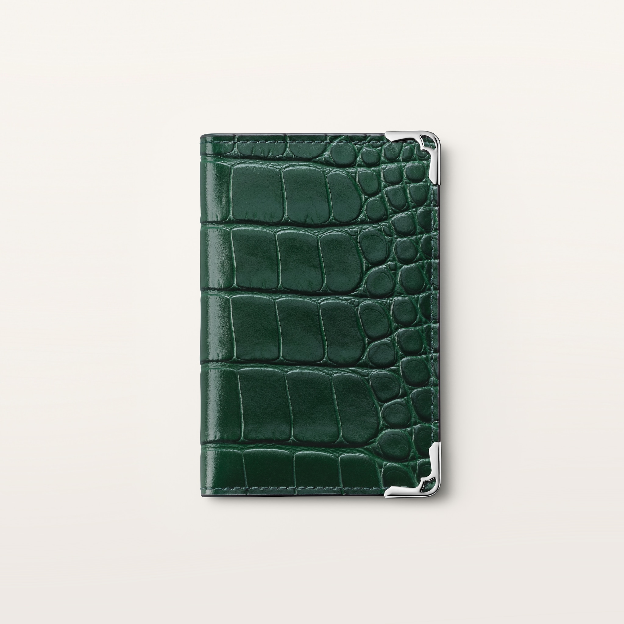 マスト カードホルダーグリーン アリゲータースキン、パラジウムフィニッシュ