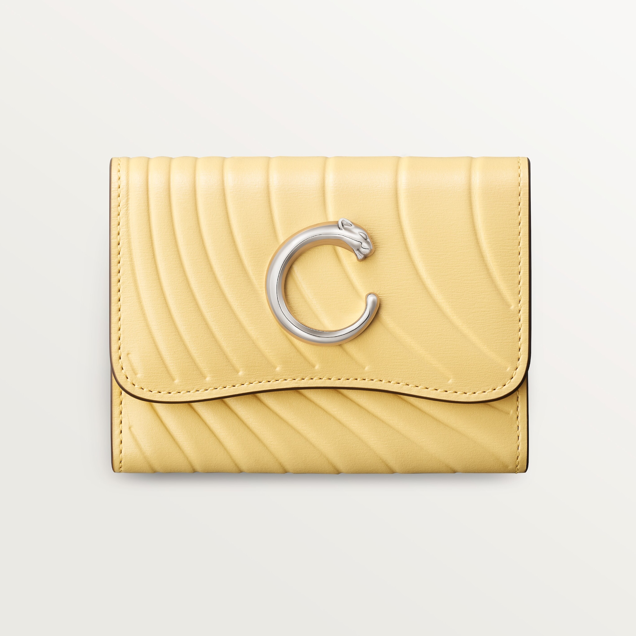 パンテール ドゥ カルティエ ミニウォレットミモザイエロー カーフスキン、「Cartier」ロゴの箔押し、パラジウムフィニッシュ