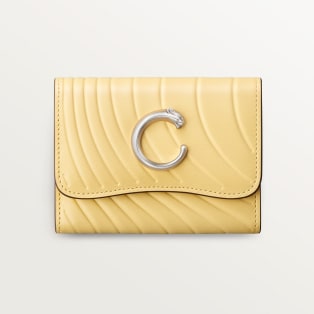 パンテール ドゥ カルティエ ミニウォレット ミモザイエロー カーフスキン、「Cartier」ロゴの箔押し、パラジウムフィニッシュ