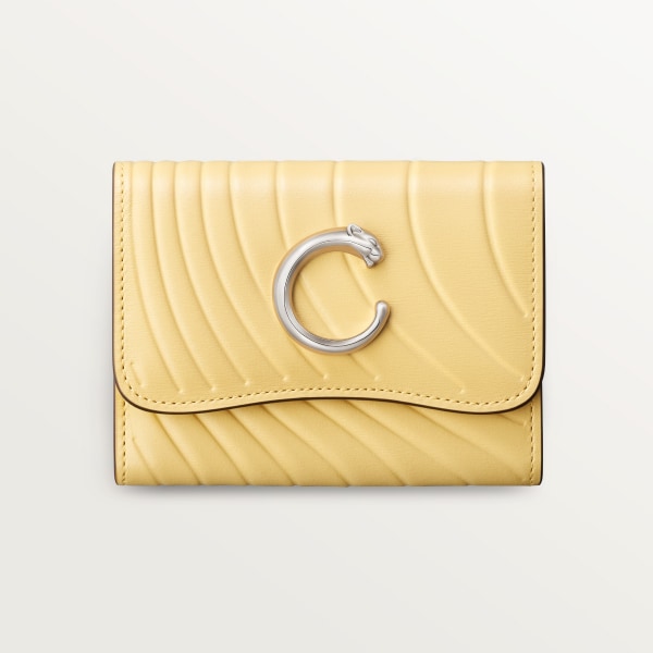 ウォレット パンテール C  ミモザイエロー カーフスキン、「Cartier」ロゴの箔押し、パラジウムフィニッシュ