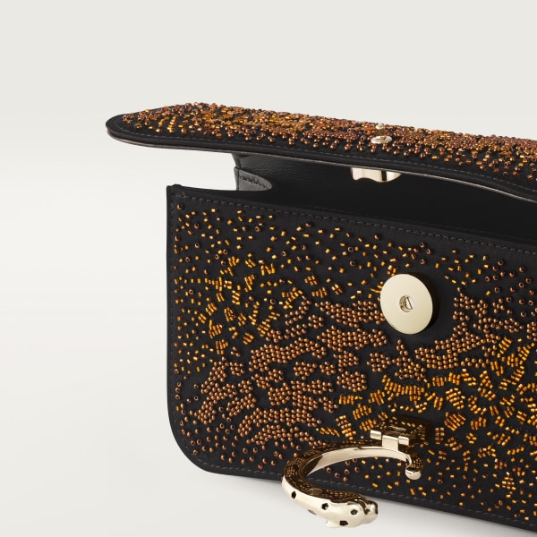 ミニ バッグ パンテール C  ブラック サテン、マルチカラーブロンズビーズ エンブロイダリー