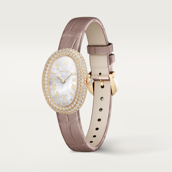 ベニュワール ウォッチ スモールモデル、クォーツムーブメント、イエローゴールド、マザーオブパール、ダイヤモンド、レザー