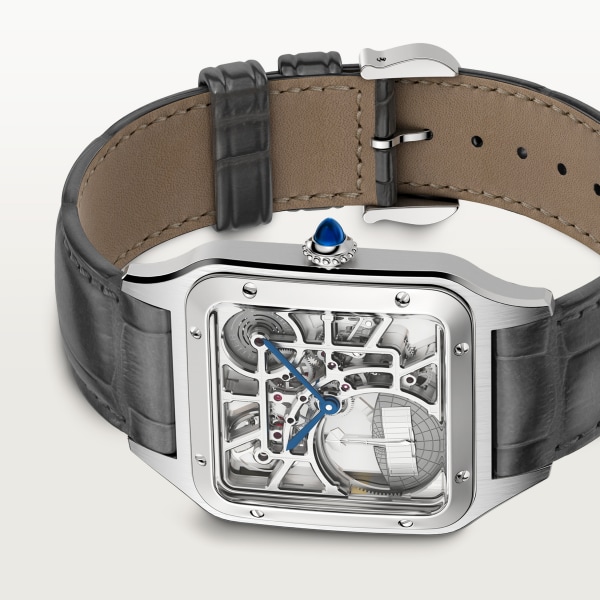 サントス デュモン スケルトン ウォッチ、マイクロローター ラージモデル、自動巻きメカニカル スケルトンムーブメント、スティール、レザー