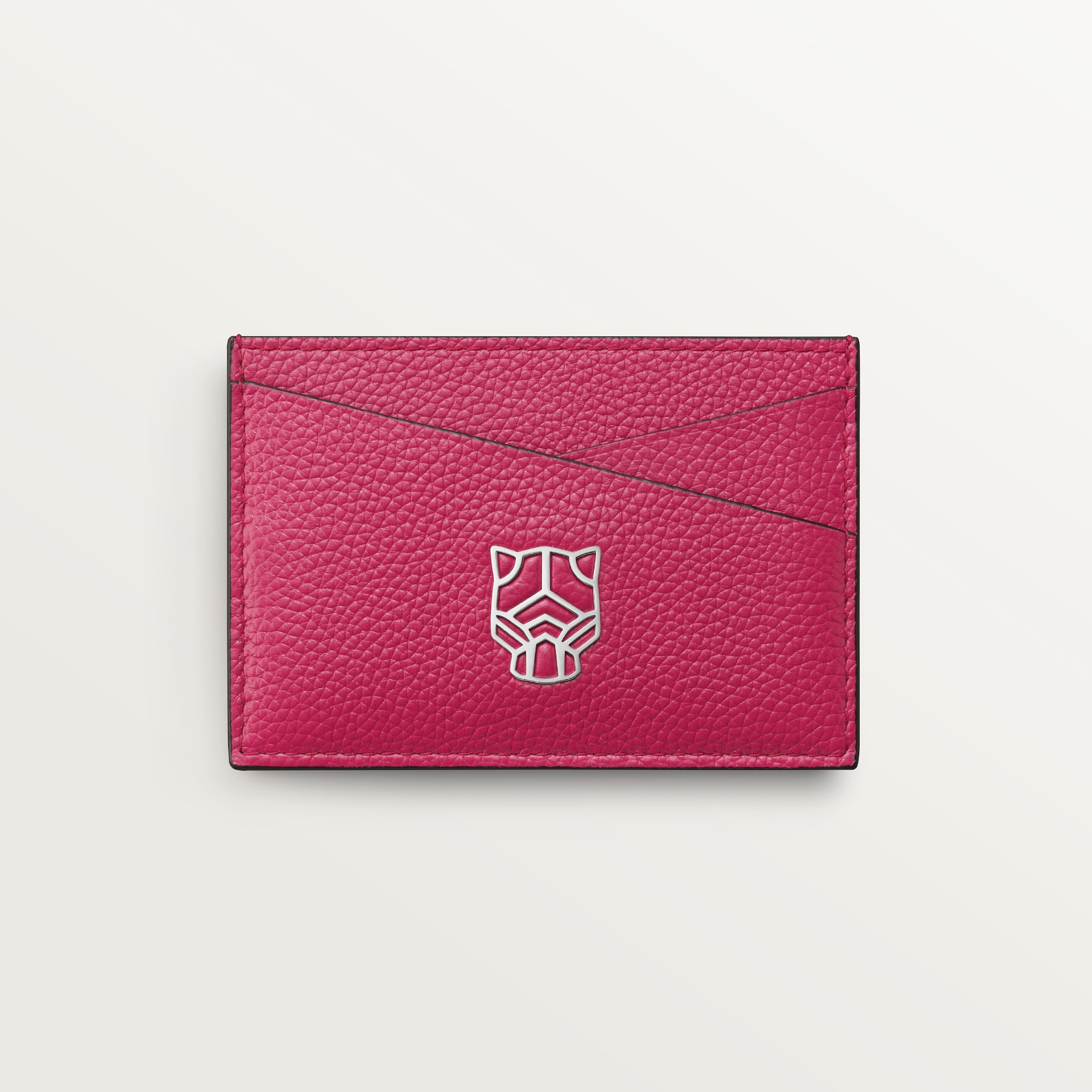 カード ホルダー パンテール グラフィック ラズベリー グレイン カーフスキン、パラジウムフィニッシュ