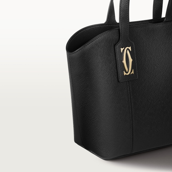 ミニ トートバッグ C ドゥ カルティエ  ブラック テクスチャー カーフスキン、刺繡入り、ゴールドフィニッシュ