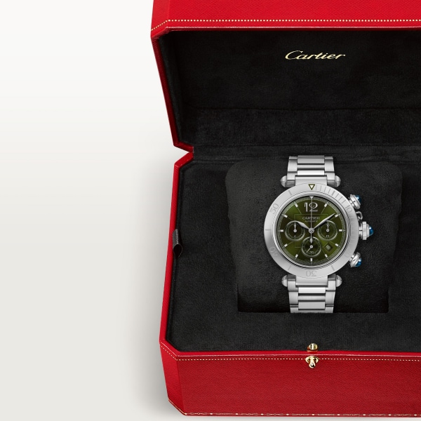 パシャ ドゥ カルティエ ウォッチ 41mm、クロノグラフ、自動巻き、スティール、（交換可能）メタルとレザーのストラップ