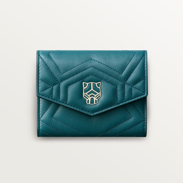 パンテール ドゥ カルティエ ミニ ウォレット ペトロールブルー キルティング カーフスキン、ゴールドフィニッシュ