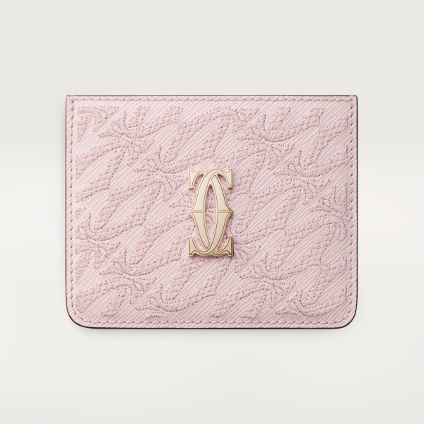 カード ホルダー C ドゥ カルティエ ペタルピンク テクスチャー カーフスキン、刺繍入り、ゴールドフィニッシュ
