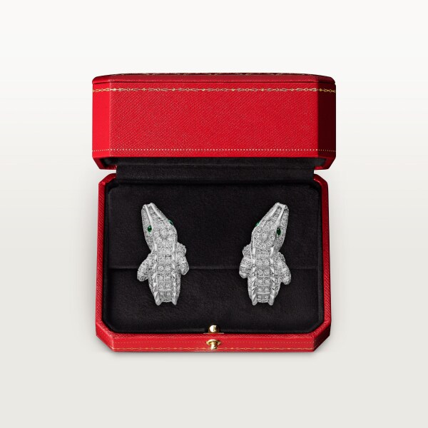 ファウナ＆フローラ ドゥ カルティエ イヤリング、パヴェセッティング ホワイトゴールド、エメラルド、ダイヤモンド