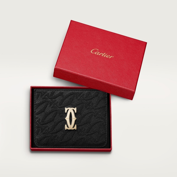 カード ホルダー C ドゥ カルティエ ブラック テクスチャー カーフスキン、刺繡入り、ゴールドフィニッシュ