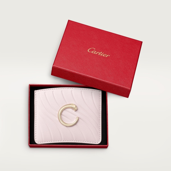パンテール ドゥ カルティエ シンプル カードホルダー ペタルピンク カーフスキン、「Cartier」ロゴのエンボス加工、ゴールドフィニッシュ