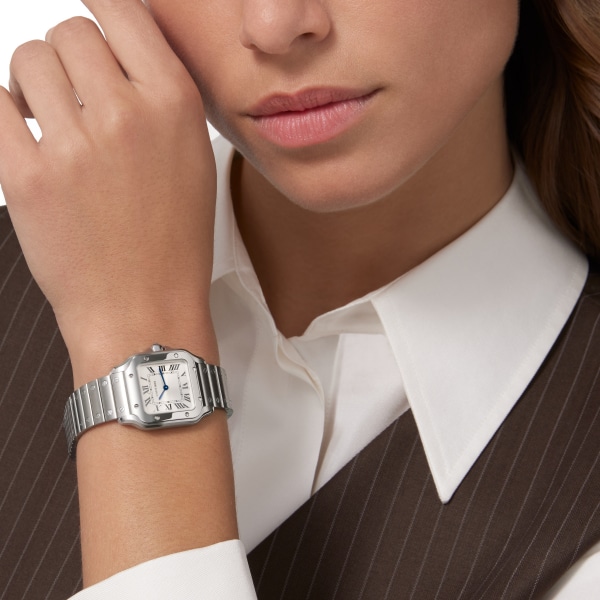 サントス ドゥ カルティエ ウォッチ スモールモデル、クォーツムーブメント、ステンレススティール、交換可能なメタルとレザーのストラップ