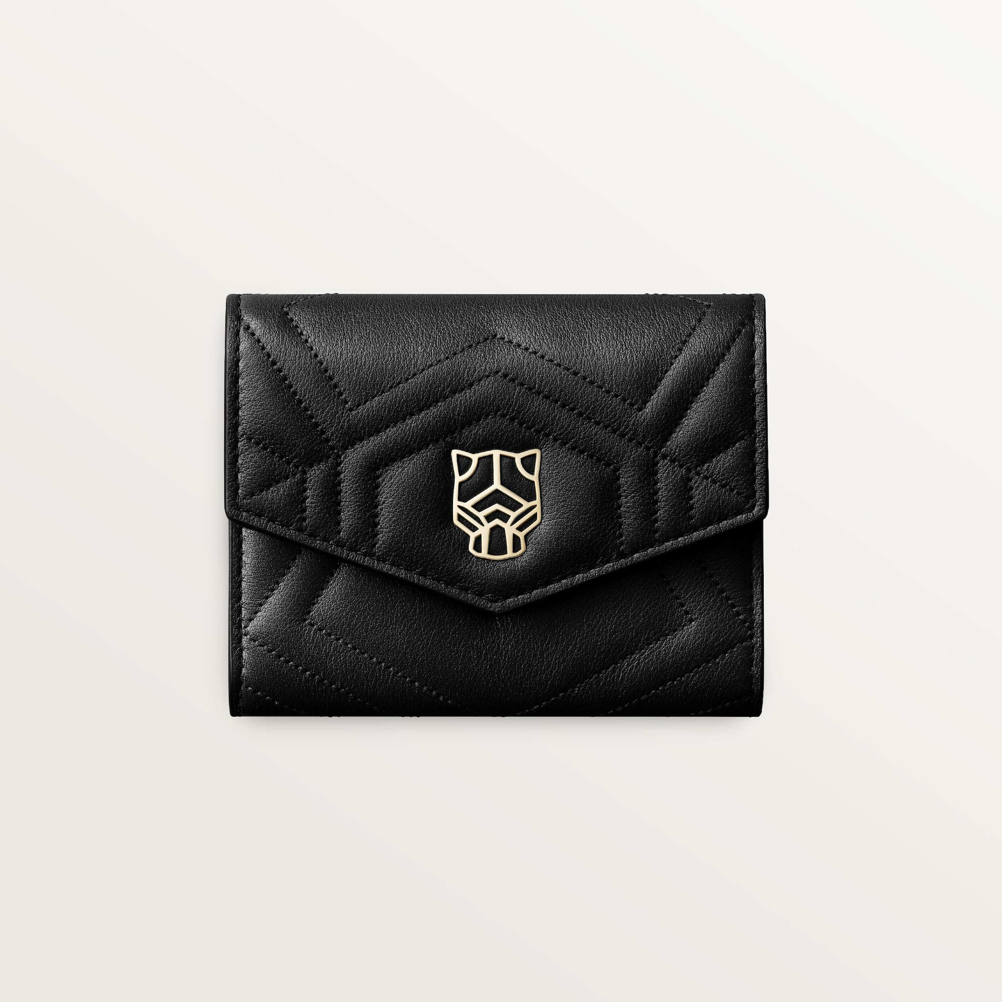 ウォレット パンテール グラフィック ブラックキルティング カーフスキン、ゴールドフィニッシュ