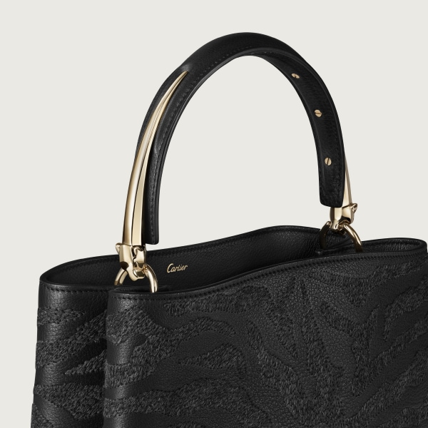 パンテール ドゥーブル スモール バッグ  ウール エンブロイダリー、パンテール モチーフ、ブラック グレインド カーフレザー、ゴールドフィニッシュ