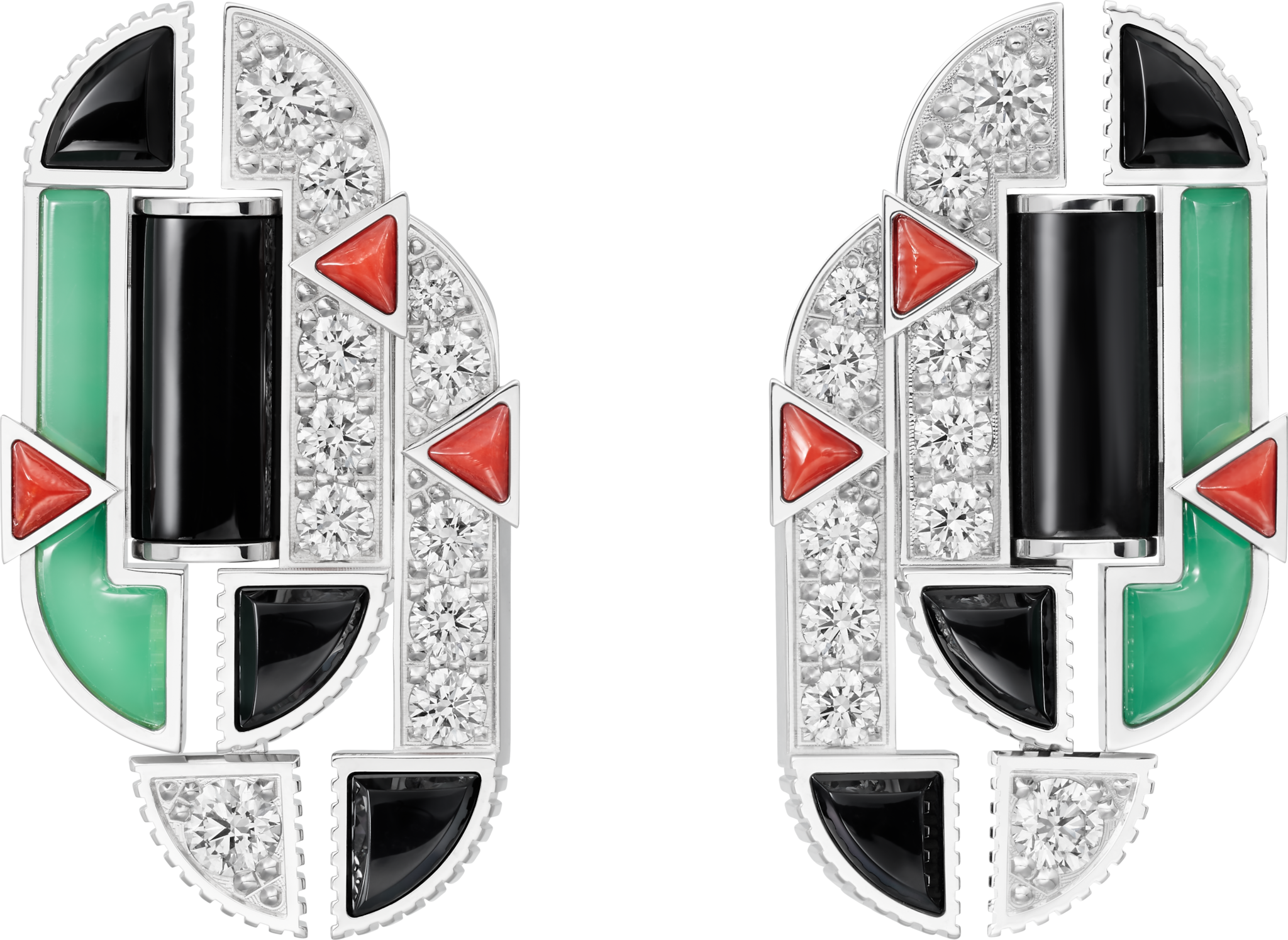 ジオメトリー＆コントラスト イヤリング、クリソプレーズ、パヴェホワイトゴールド、クリソプレーズ、オニキス、コーラル、ダイヤモンド