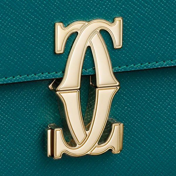 C ドゥ カルティエ イーストウエストバッグ ペトロールブルー テクスチャー カーフスキン、刺繍入り、ゴールドフィニッシュ