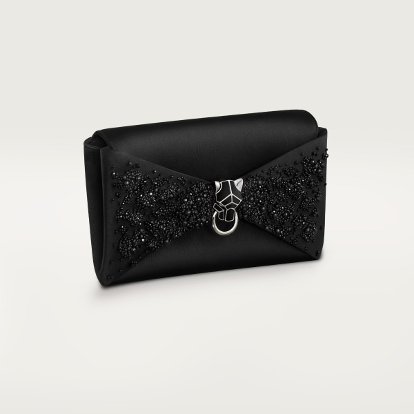 ポーチ パンテール グラフィック ブラックサテン、ブラックビーズ エンブロイダリー、パラジウムフィニッシュ