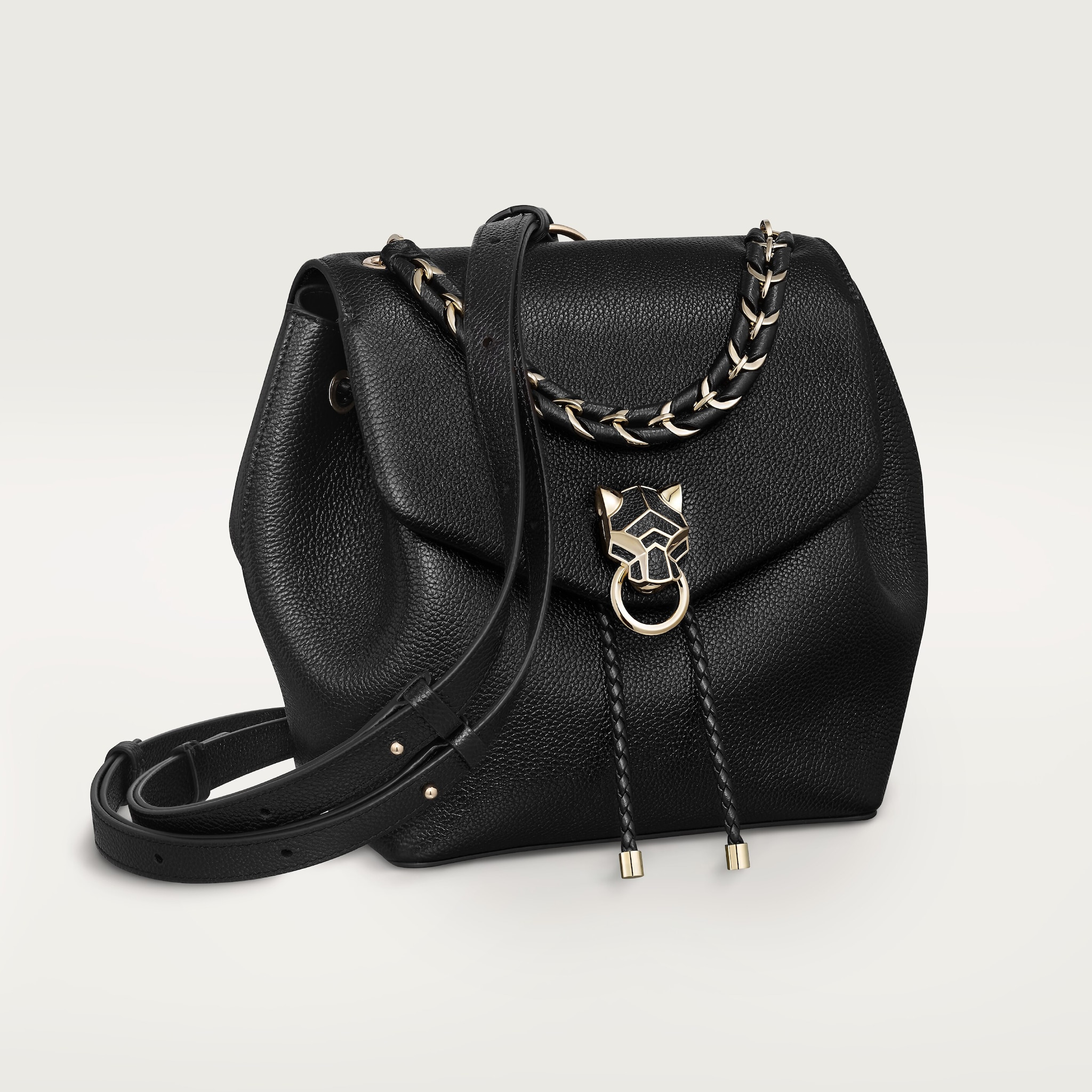 バックパック パンテール グラフィック ブラック グレイン カーフスキン、ゴールドフィニッシュ