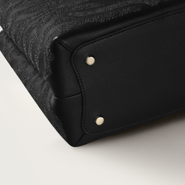 パンテール ドゥーブル スモール バッグ  ウール エンブロイダリー、パンテール モチーフ、ブラック グレインド カーフレザー、ゴールドフィニッシュ