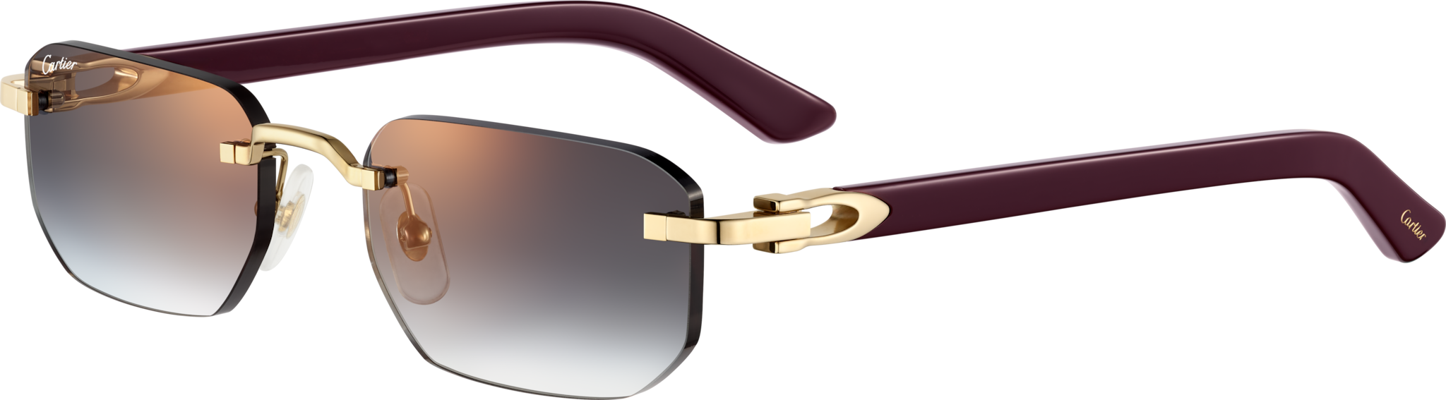 デコール C アロンジェ ドゥ カルティエ サングラススムース ゴールドフィニッシュ メタル、バーガンディ アセテート、グレーグラデーションレンズ