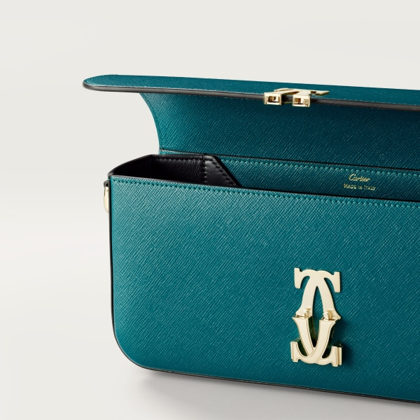 C ドゥ カルティエ イーストウエストバッグ ペトロールブルー テクスチャー カーフスキン、刺繍入り、ゴールドフィニッシュ
