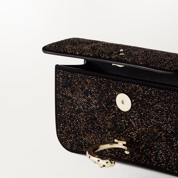 ミニ バッグ パンテール C  ブラック ガラスビーズ、ファブリック、ゴールドフィニッシュ、ブラック エナメル