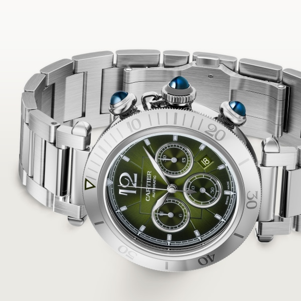 パシャ ドゥ カルティエ ウォッチ 41mm、クロノグラフ、自動巻き、スティール、（交換可能）メタルとレザーのストラップ