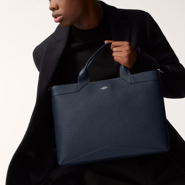 スリム ブリーフケース ロザンジュ  ネイビーブルー グレイン カーフスキン、パラジウムフィニッシュ、エナメル