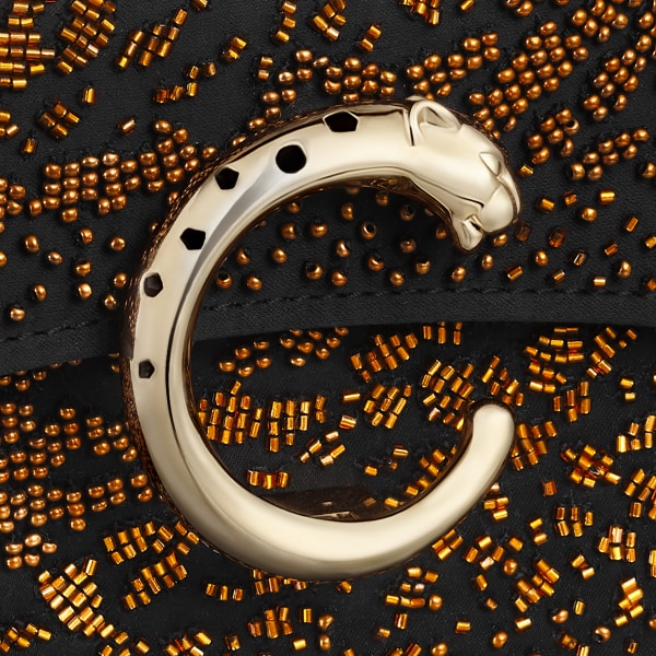 ミニ バッグ パンテール C  ブラック サテン、マルチカラーブロンズビーズ エンブロイダリー