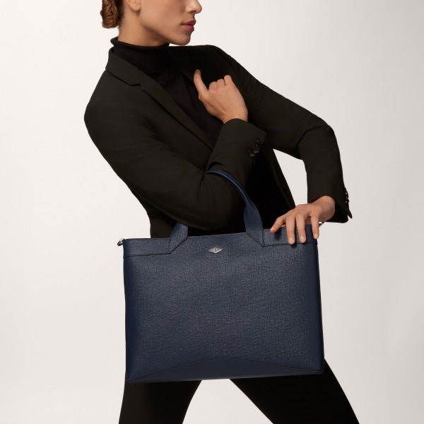 スリム ブリーフケース ロザンジュ  ネイビーブルー グレイン カーフスキン、パラジウムフィニッシュ、エナメル