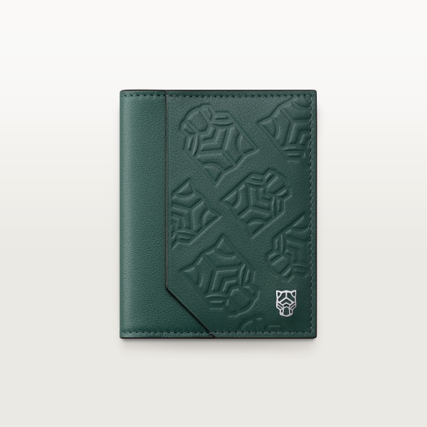 カード ホルダー パンテール  パイングリーン エンボス加工カーフスキン、パラジウムフィニッシュ