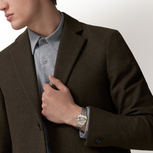 サントス ドゥ カルティエ ウォッチ スモールモデル、クォーツムーブメント、イエローゴールド＆ステンレススティール、交換可能なメタルとレザーのストラップ