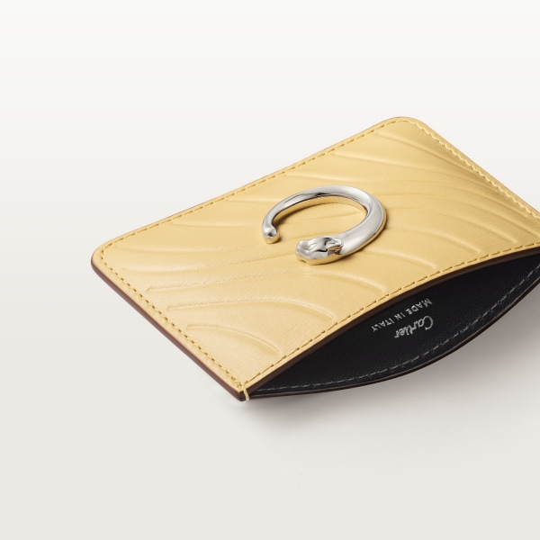 カード ホルダー パンテール C  ミモザイエロー カーフスキン、「Cartier」ロゴの箔押し、パラジウムフィニッシュ